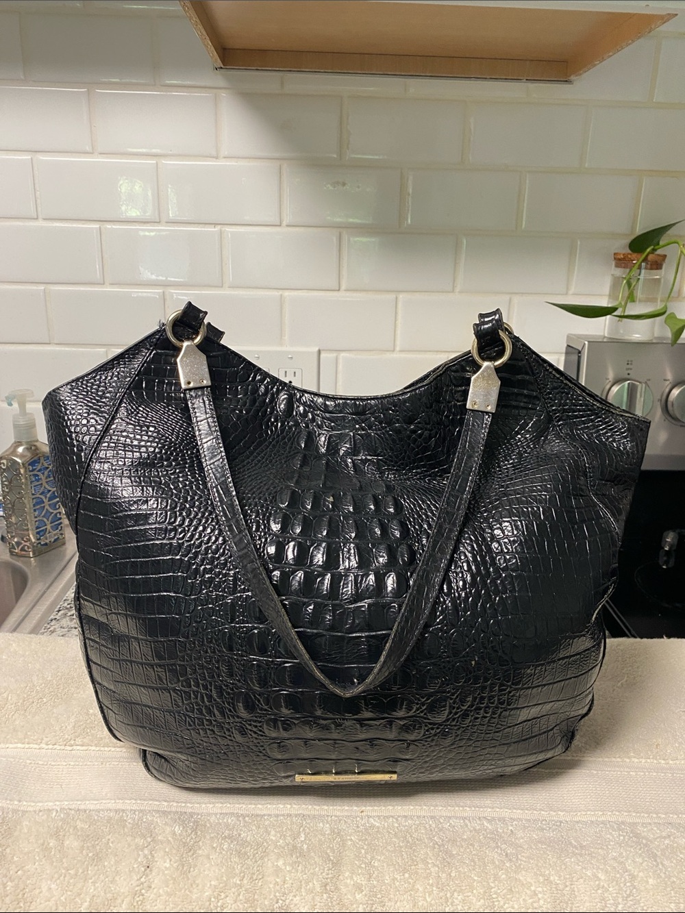 Brahmin Black Croc-Embossed Hobo Tote